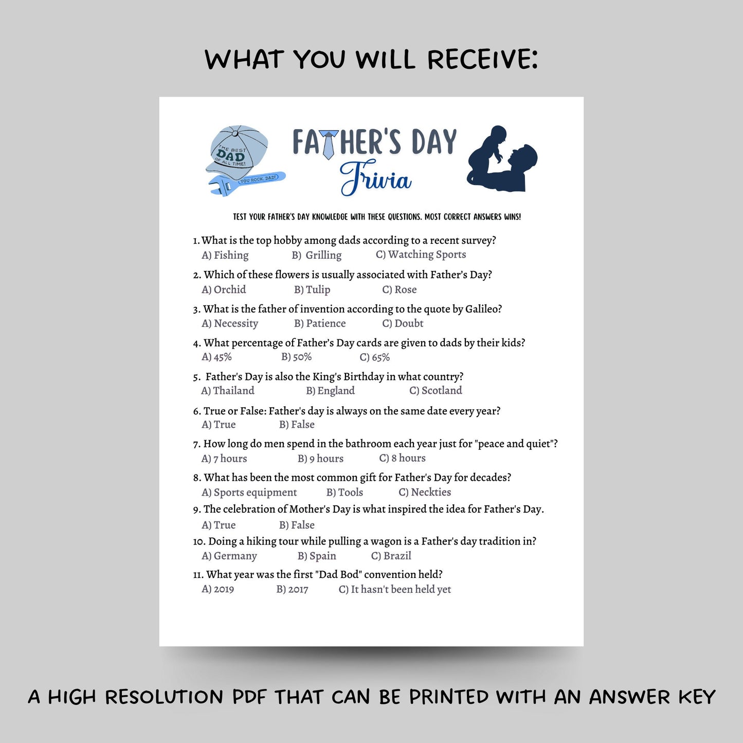 Father's Day Trivia Game Printable, Fathers Day Ideas, Fun Party Games, Activity For Kids & Adults, Family Group Game, Classroom Game