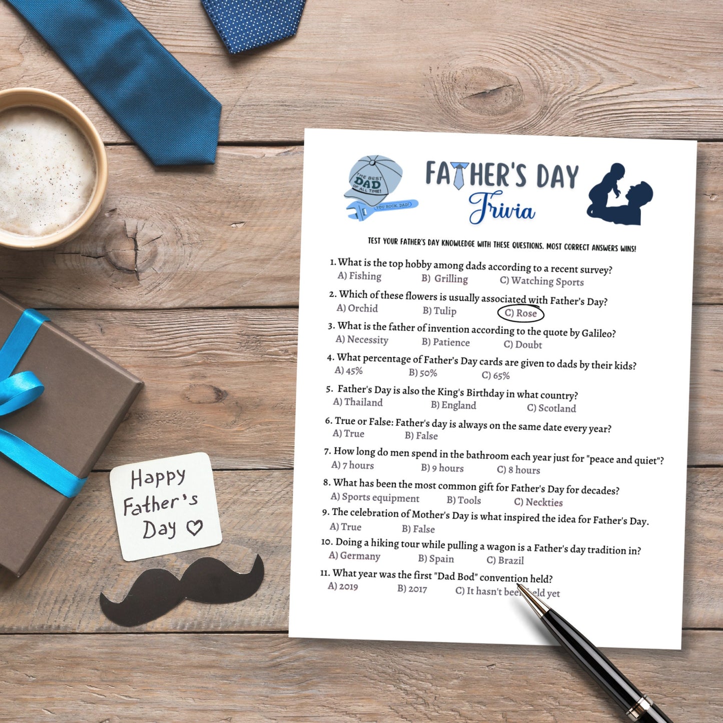 Father's Day Trivia Game Printable, Fathers Day Ideas, Fun Party Games, Activity For Kids & Adults, Family Group Game, Classroom Game