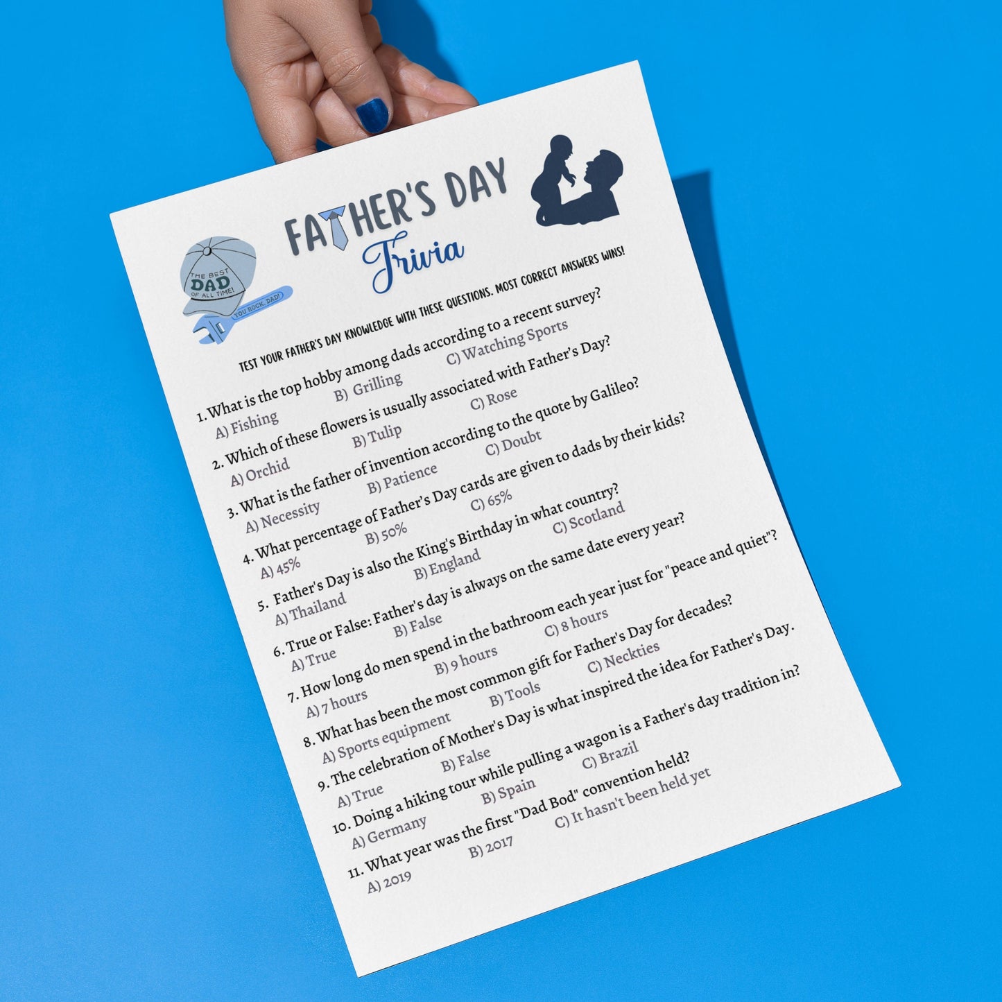 Father's Day Trivia Game Printable, Fathers Day Ideas, Fun Party Games, Activity For Kids & Adults, Family Group Game, Classroom Game