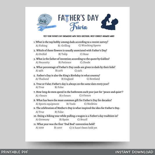 Father's Day Trivia Game Printable, Fathers Day Ideas, Fun Party Games, Activity For Kids & Adults, Family Group Game, Classroom Game