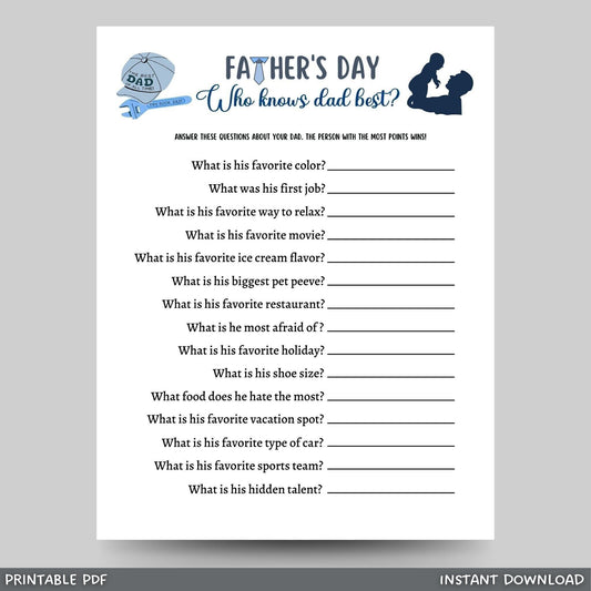 Father's Day Who Knows Dad Best Game Printable, Fathers Day Ideas, Fun Party Game, Activity Kids & Adults, Family Group Game, Classroom Game