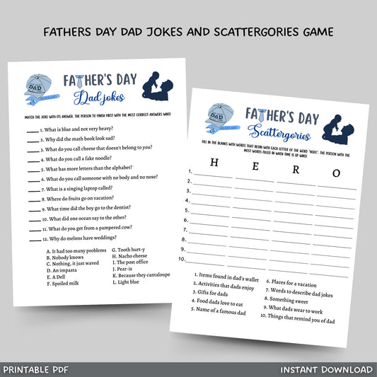 This 2 Pack of Fathers Day Dad jokes and Scattergories games bundle is a printable PDF and instant digital download! It is a great party game idea to play with your friends and family. It is sure to impress your guests and works for adults and kids!