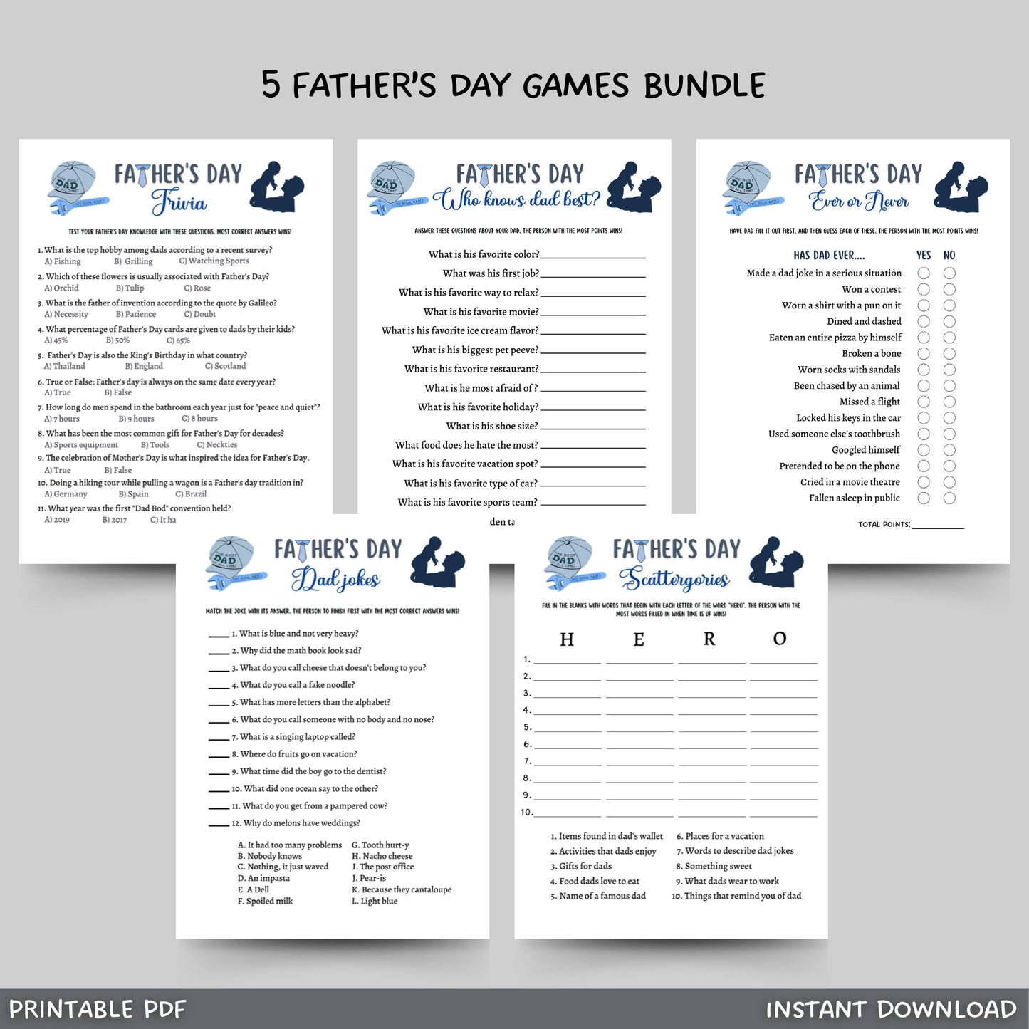 This 5 pack of printable Fathers Day games is an instant download! It is great to play with your friends and family! Whether it is for an office/dinner party or a fun classroom game it is sure to impress everyone and is great for adults and kids!