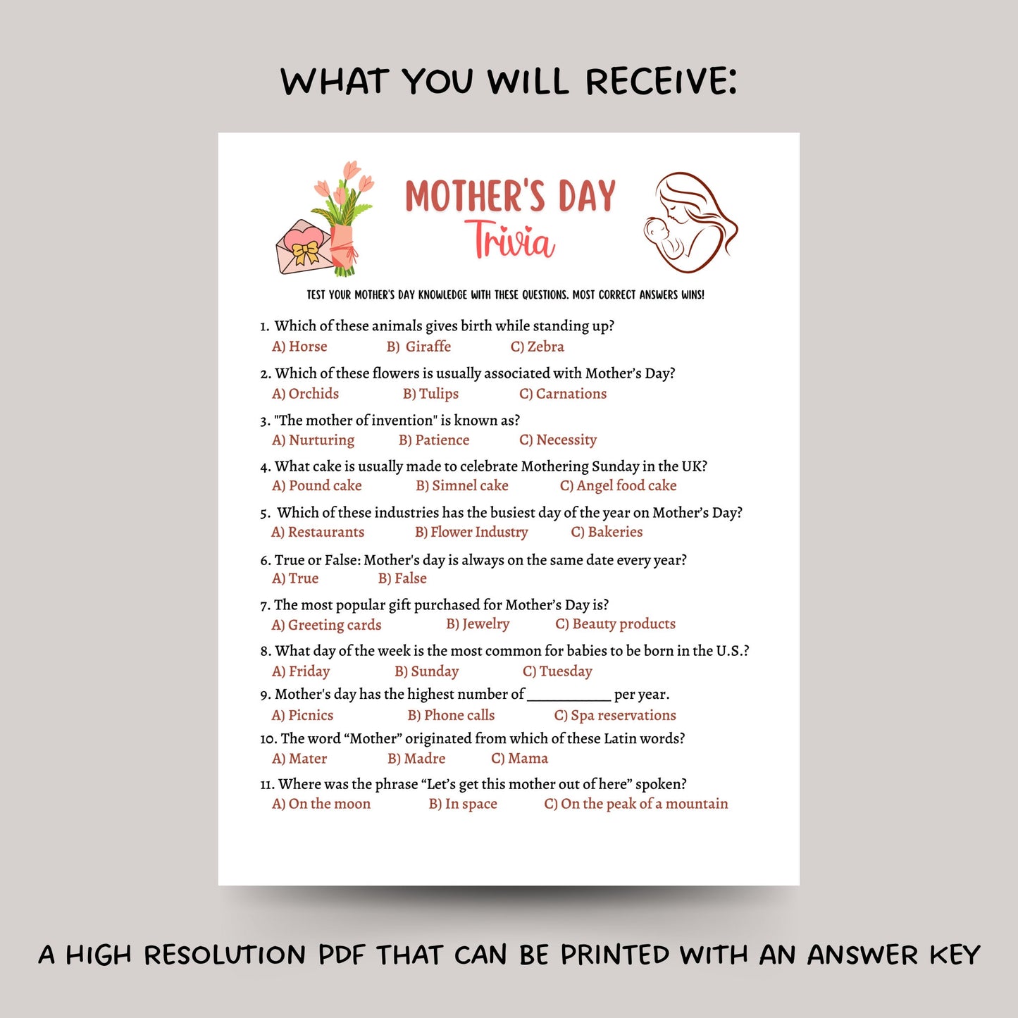 Mother's Day Trivia Game Printable, Mothers Day Party Game, True or False Quiz, Mother's Day Activity Kids And Adults, Family Group Game