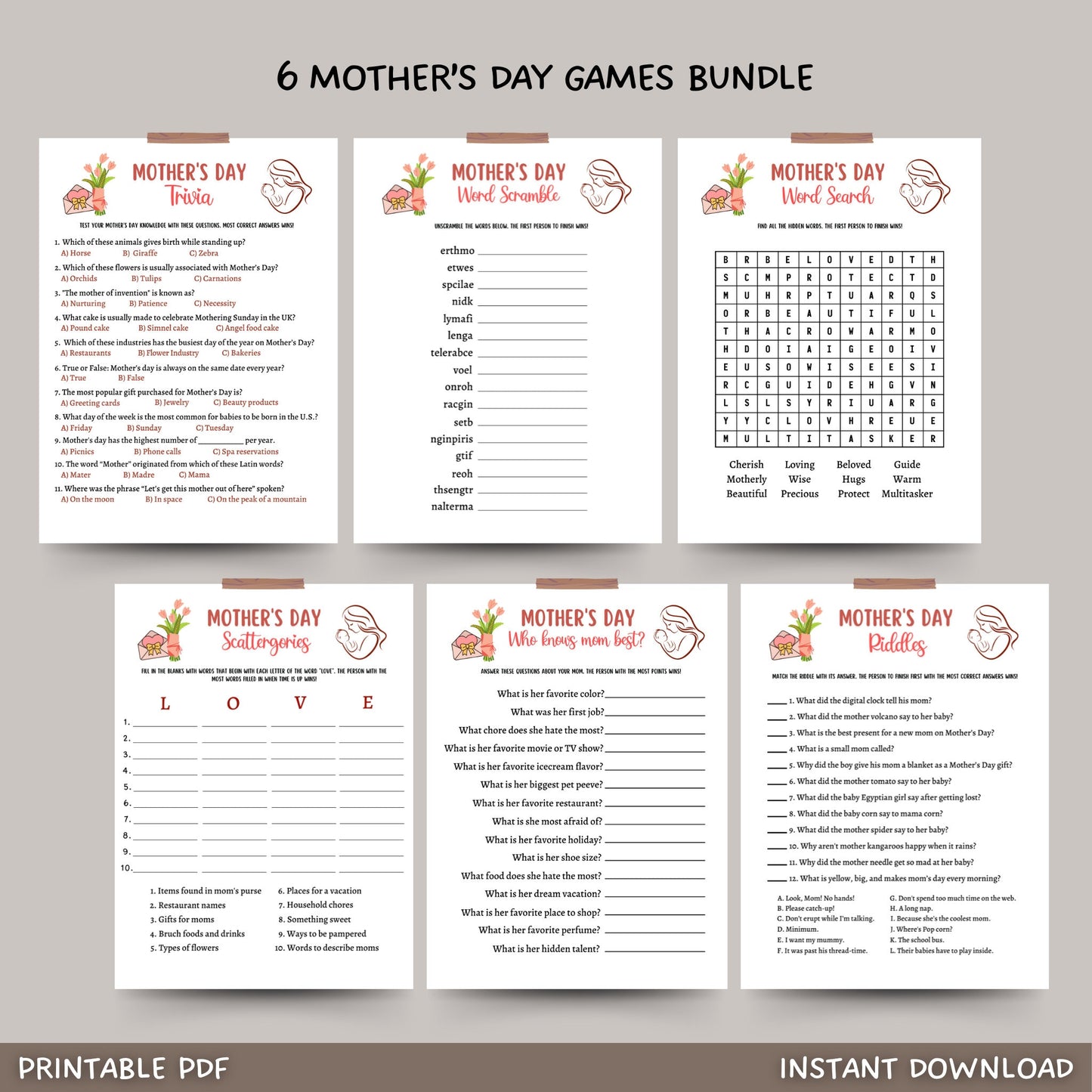 This 6 pack of Mothers Day games is a printable PDF & instant download! It is great to play with your friends & family! Whether it is for an office/dinner party or a fun classroom game it is sure to impress everyone and works great for adults & kids!