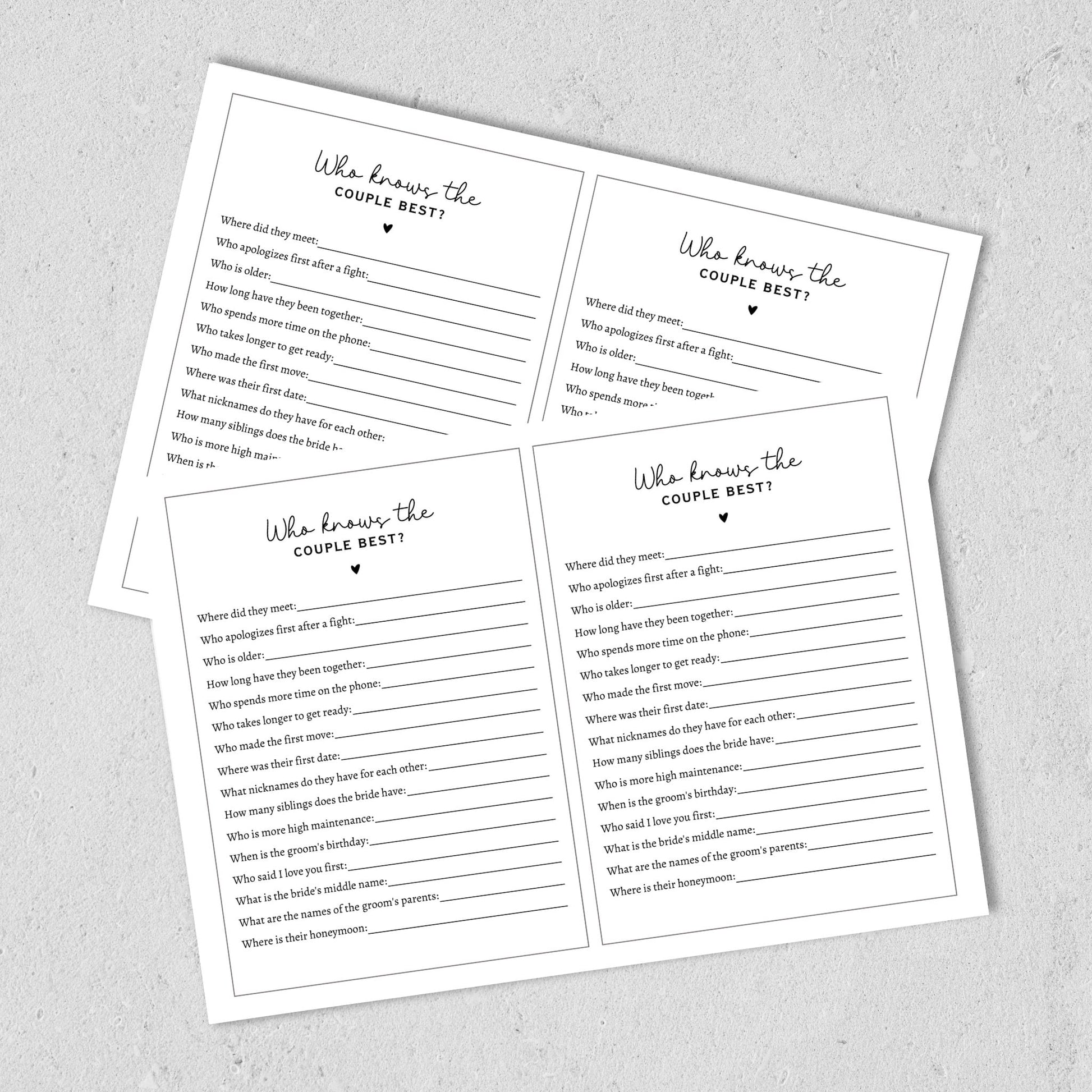 Who Knows The Couple Best Game, Printable Bridal Shower Game, Wedding Shower Idea, Newlyweds Minimalist Modern Game, Couple Trivia Quiz Card