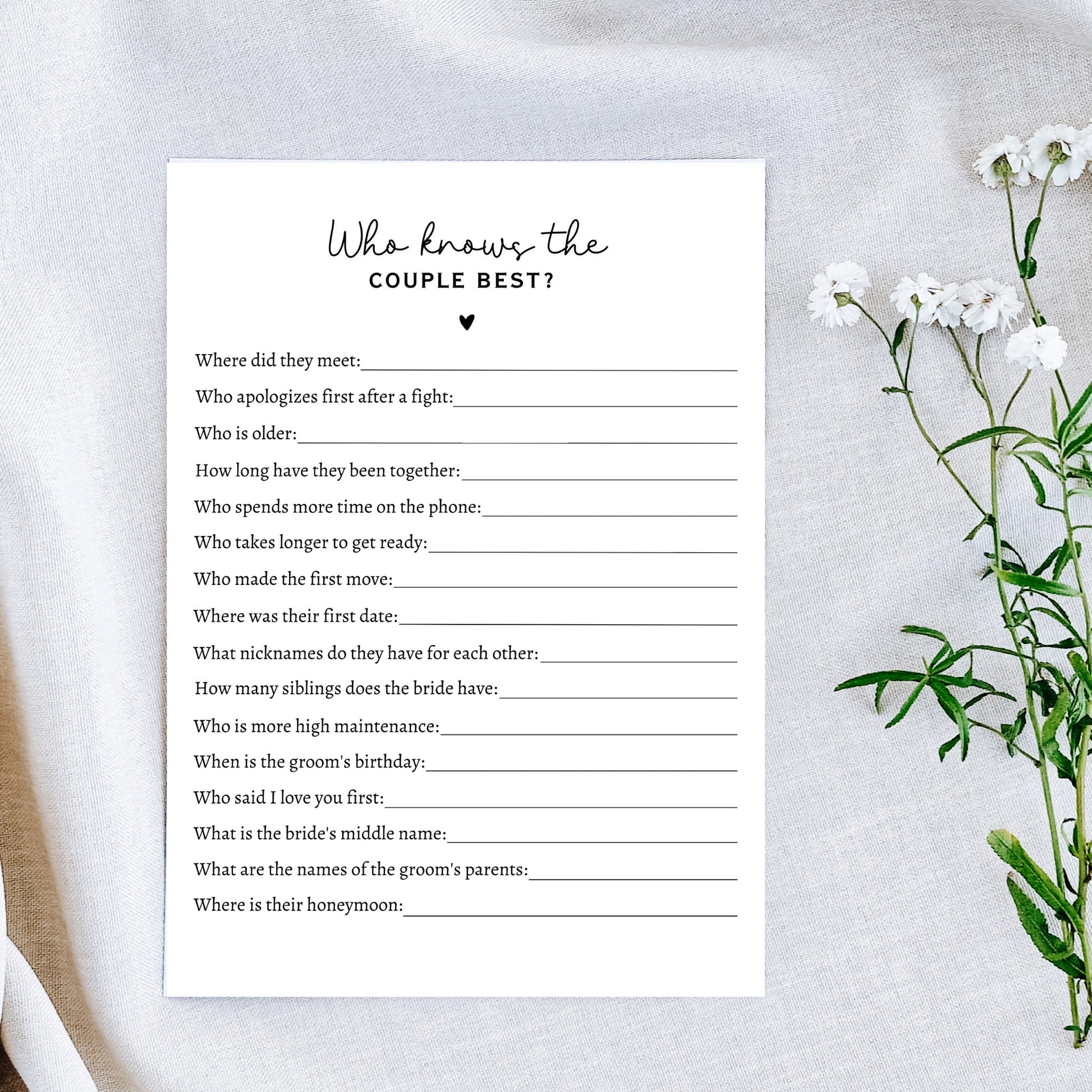 Who Knows The Couple Best Game, Printable Bridal Shower Game, Wedding Shower Idea, Newlyweds Minimalist Modern Game, Couple Trivia Quiz Card