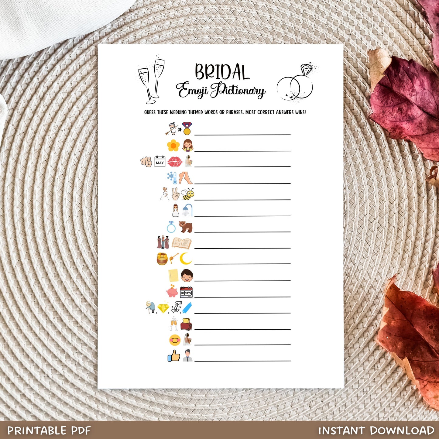 This Bridal Emoji Pictionary game is a printable PDF and an instant digital download! It is the perfect game to add excitement and laughter to your minimalistic bridal shower, hen party, or bachelorette party! Just download, print & play!