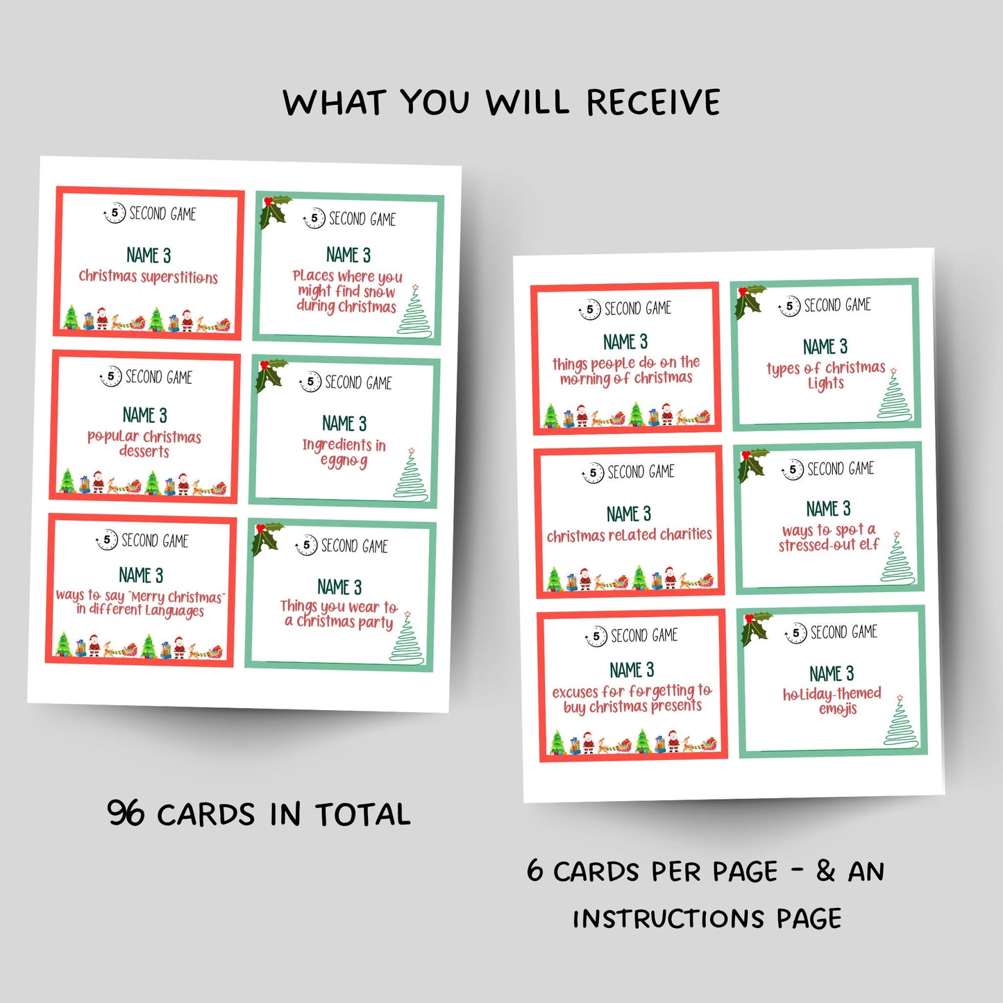 Christmas 5 Second Game Printable, Christmas Party Game Adults Kids, Friends Family Xmas Trivia, Holiday Office Activity Classroom Game Idea