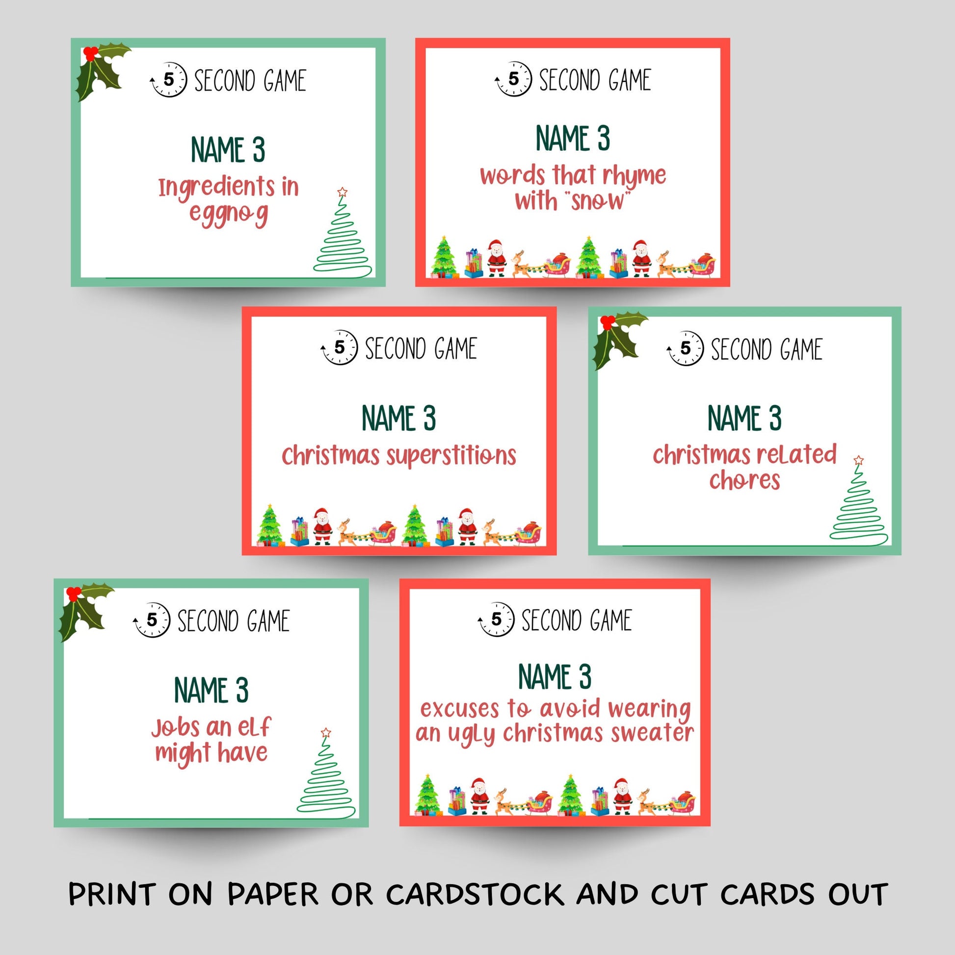 Christmas 5 Second Game Printable, Christmas Party Game Adults Kids, Friends Family Xmas Trivia, Holiday Office Activity Classroom Game Idea