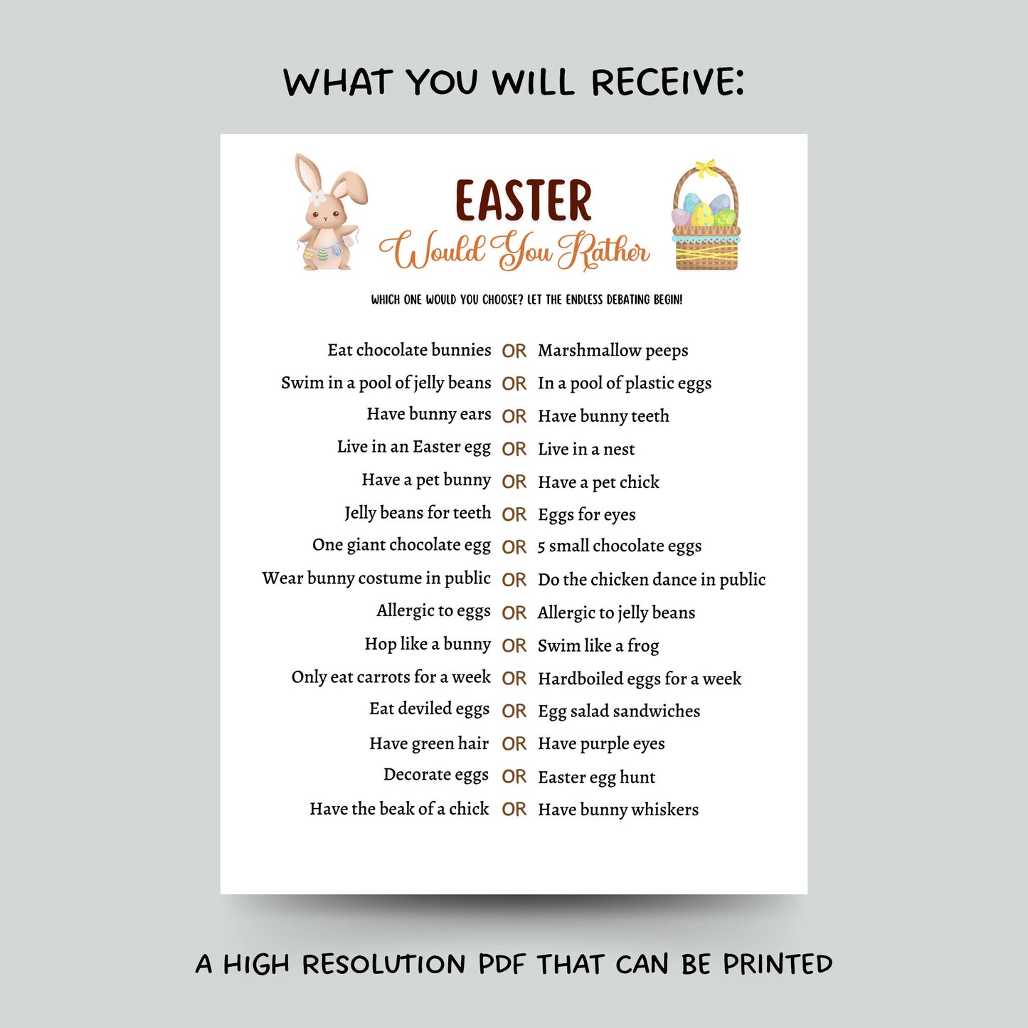 Easter Would You Rather Game Printable, This or That Easter Party Game, Kids Easter Activity, Fun Easter Dinner Game Adults, Easter Sunday