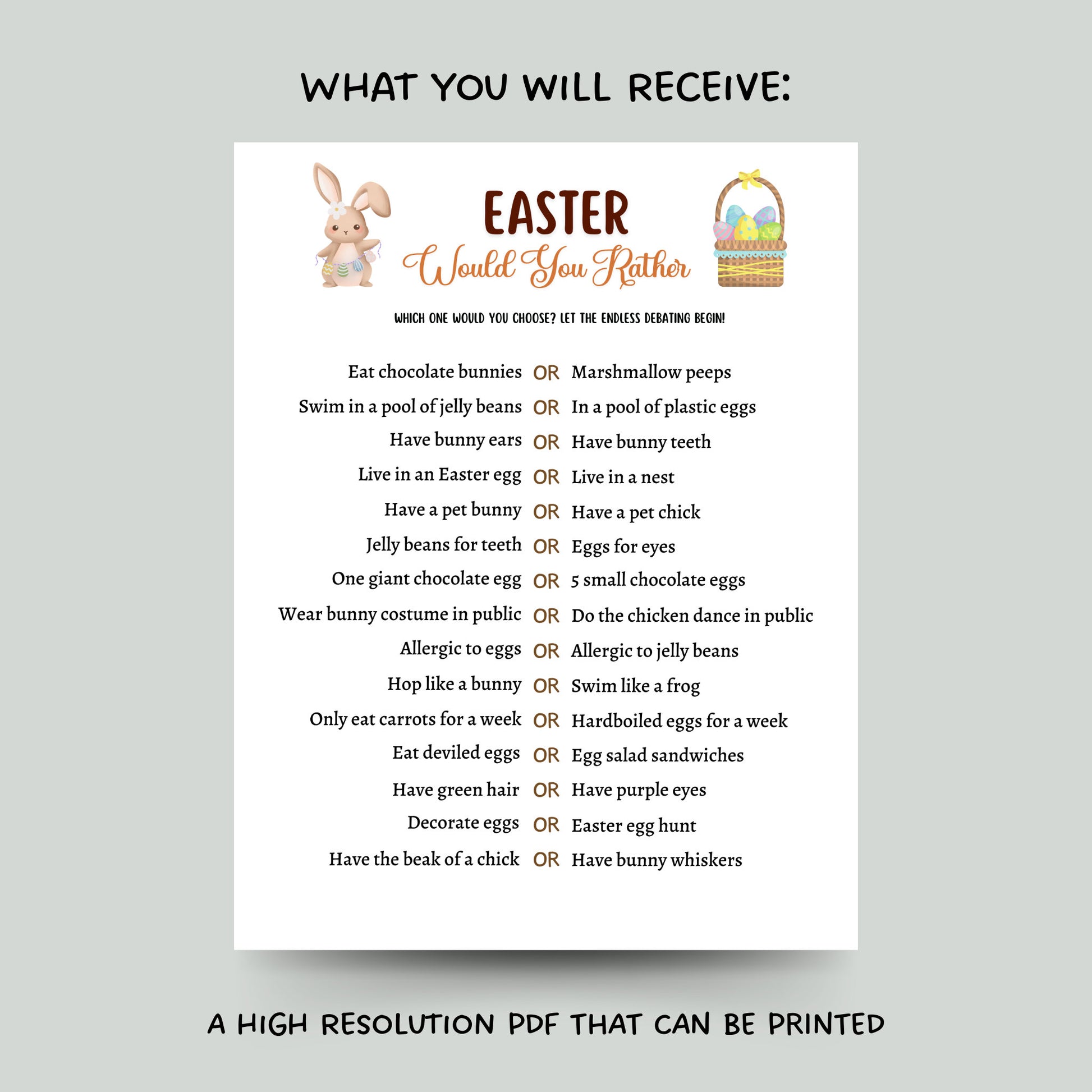 Easter Would You Rather Game Printable, This or That Easter Party Game, Kids Easter Activity, Fun Easter Dinner Game Adults, Easter Sunday