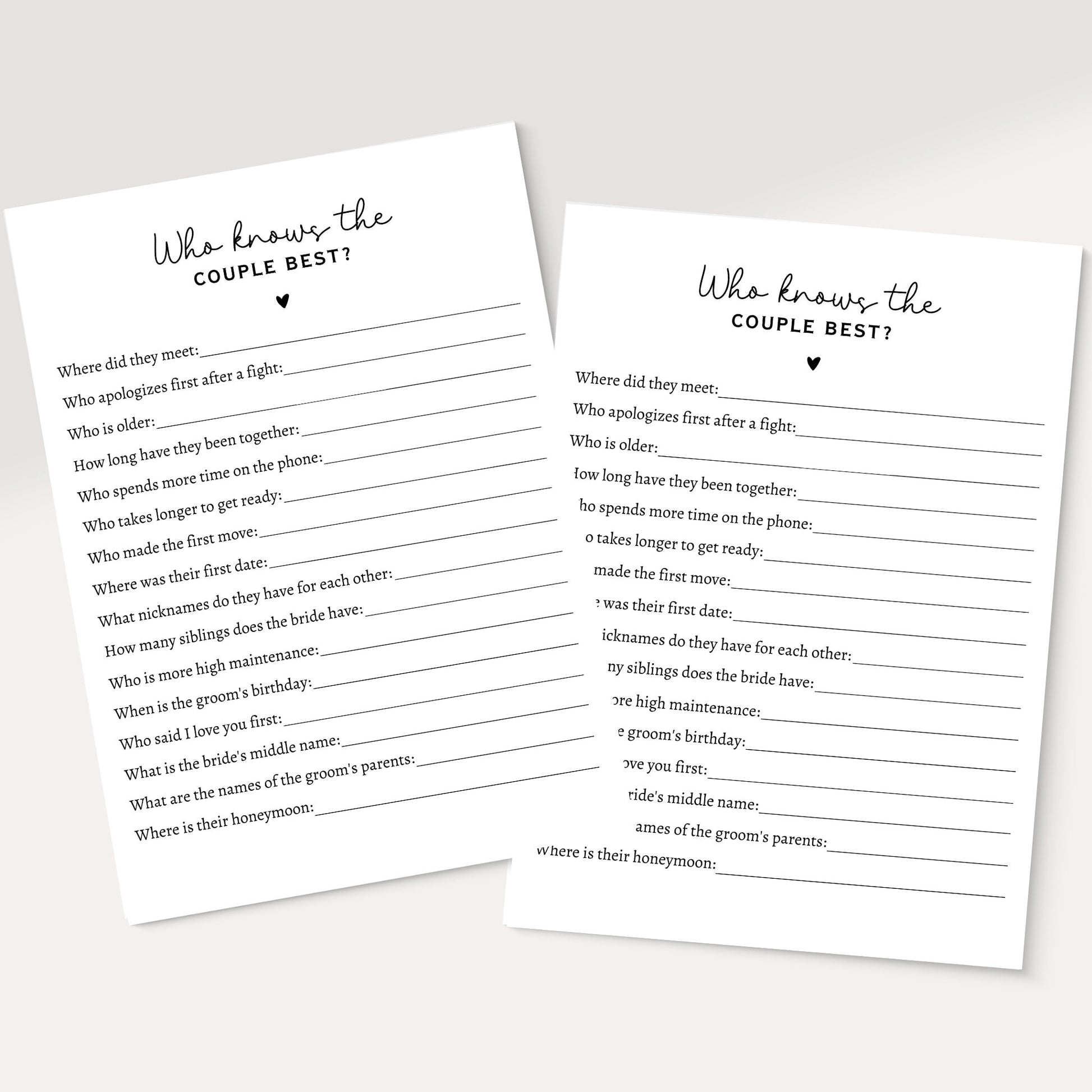 Who Knows The Couple Best Game, Printable Bridal Shower Game, Wedding Shower Idea, Newlyweds Minimalist Modern Game, Couple Trivia Quiz Card