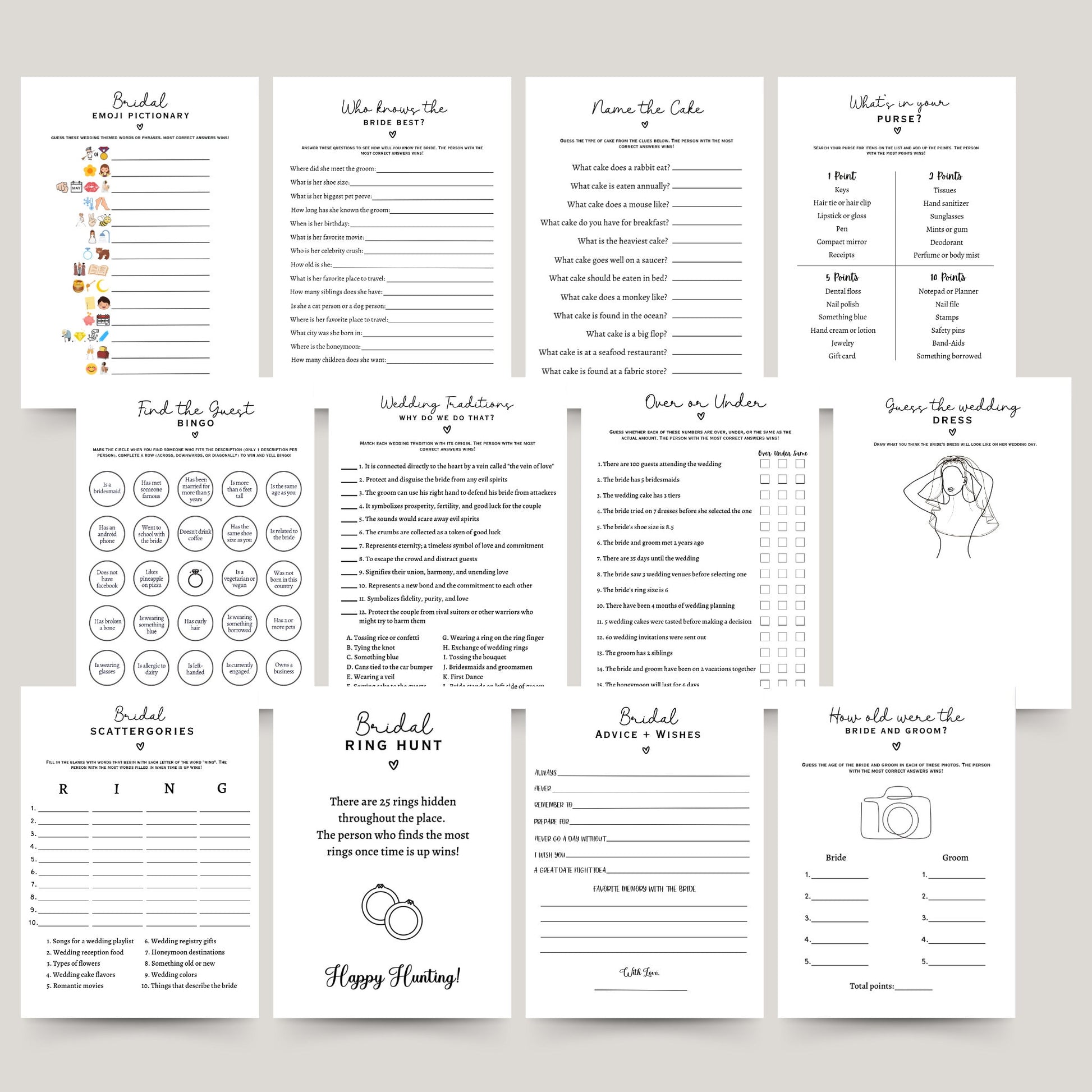 Bridal Shower Games Bundle Printable, Modern Minimalist Wedding Shower Party Games, Hen Party Icebreakers, Fun Bachelorette Party Ideas