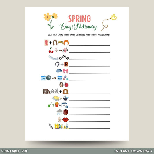 This spring emoji Pictionary game is printable & an instant download! It is perfect for your party & great to play with friends & family! It works well for an office party, dinner party, classroom game, adults & kids! Just download, print & play!