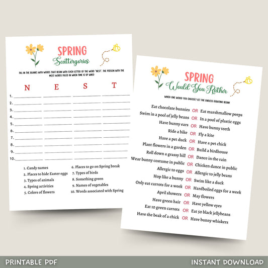This Spring Would You Rather & Scattergories game pack is printable & an instant download! It is perfect for your party or event & great to play with friends & family! It works well for an office party, dinner party, classroom game, adults and kids!