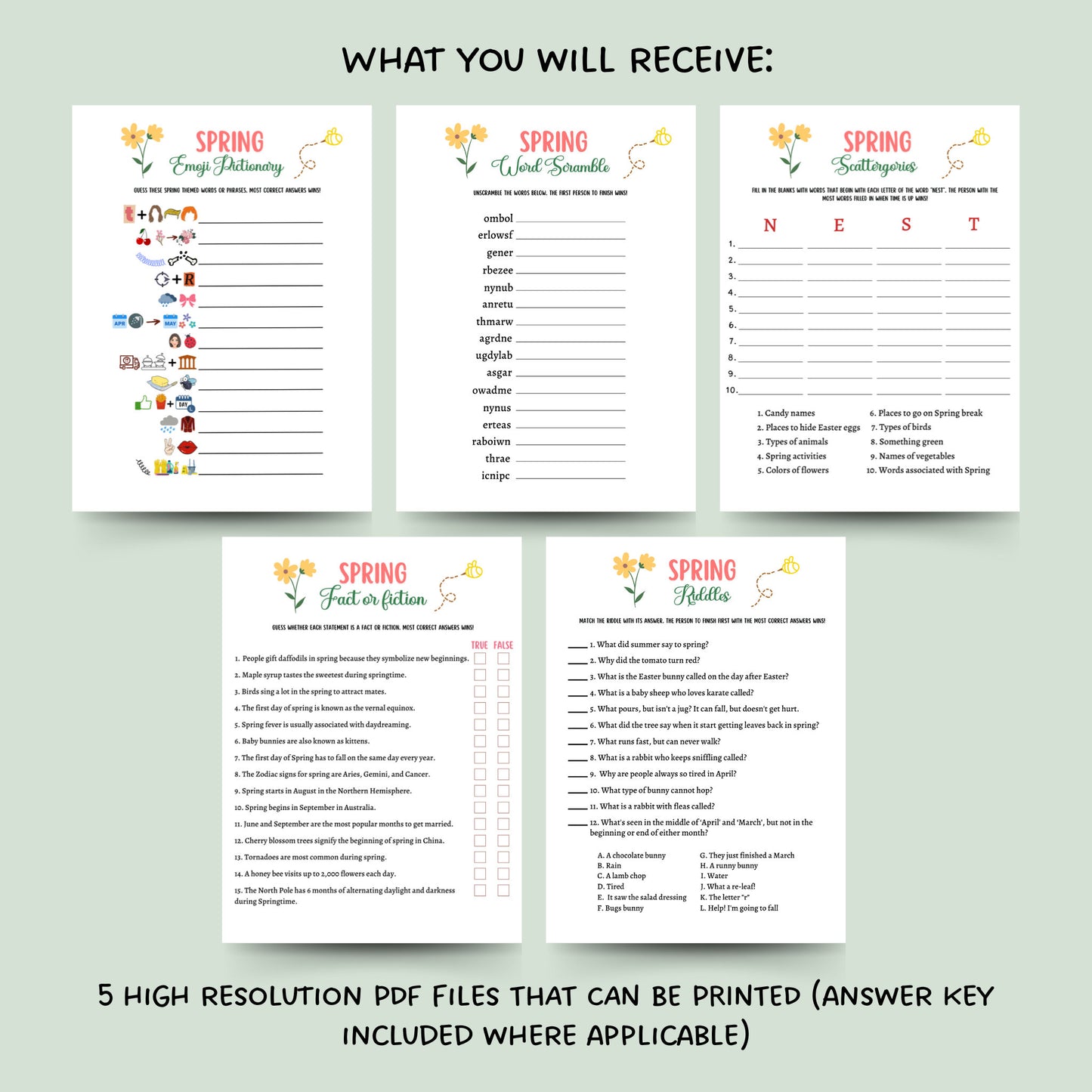 Spring Games Bundle Printable, Spring Activities Adults & Kids, Spring Party Games, Fun Family Group Game, Classroom Game, Springtime Trivia