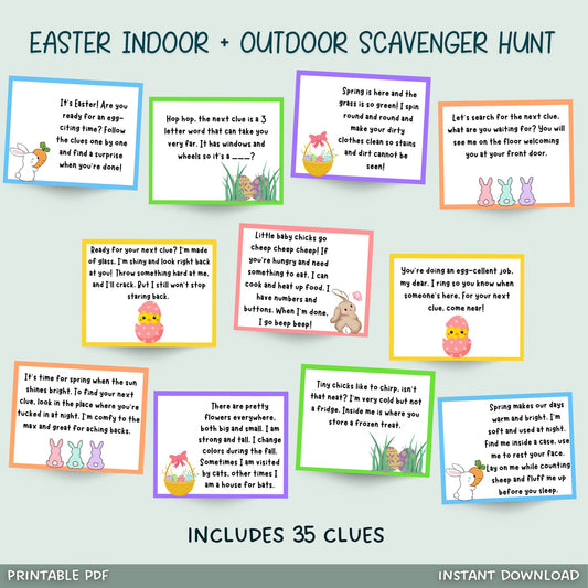 This indoor and outdoor Easter scavenger hunt is printable & an instant download! Send your kids on this fun mission searching all around with these 35 clues. Hide an easter egg with each clue or include a special present at the end! Just print & use