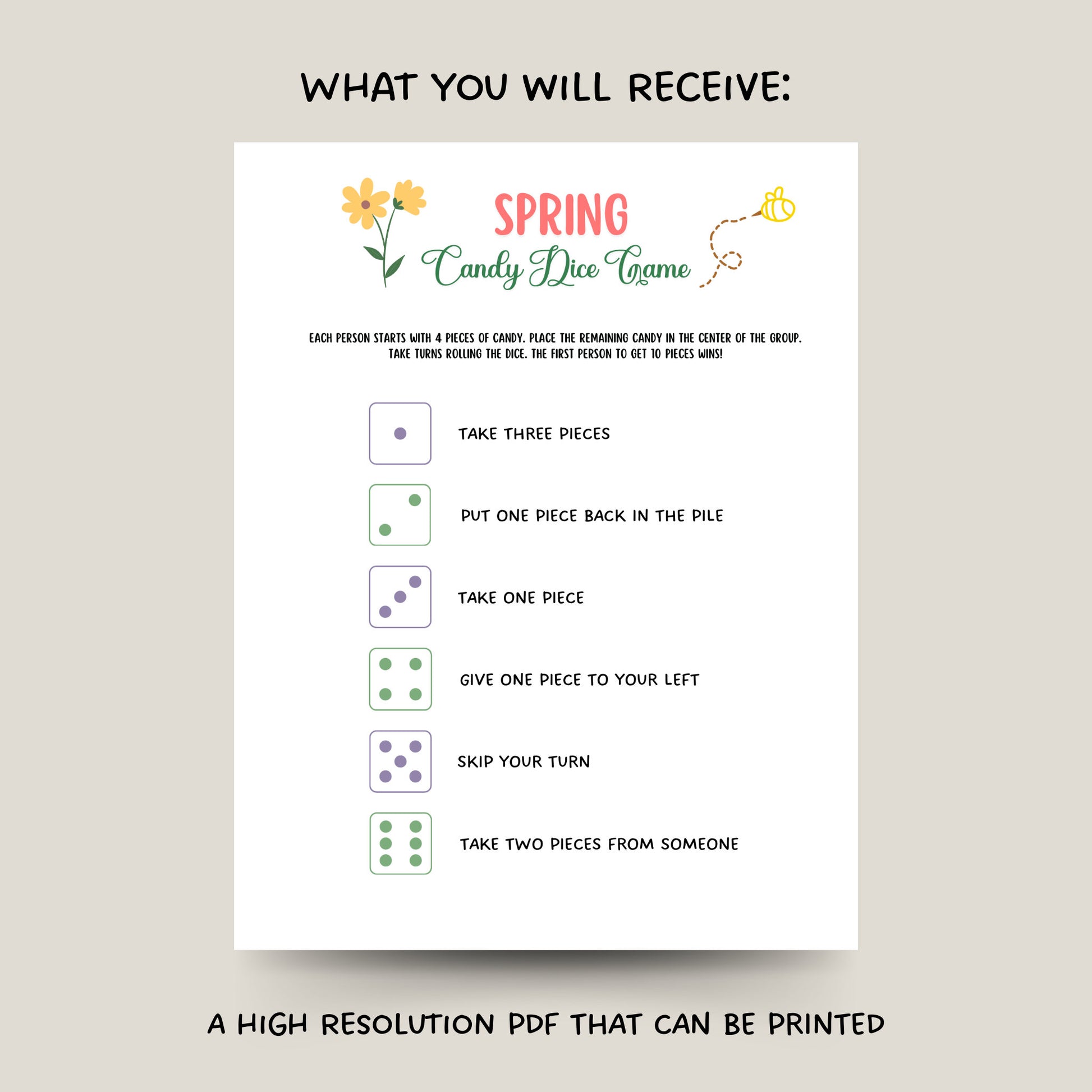 Spring Candy Dice Game Printable, Spring Activity Adults & Kids, Springtime Party Game, Family Group Game, Classroom Game, School Activities