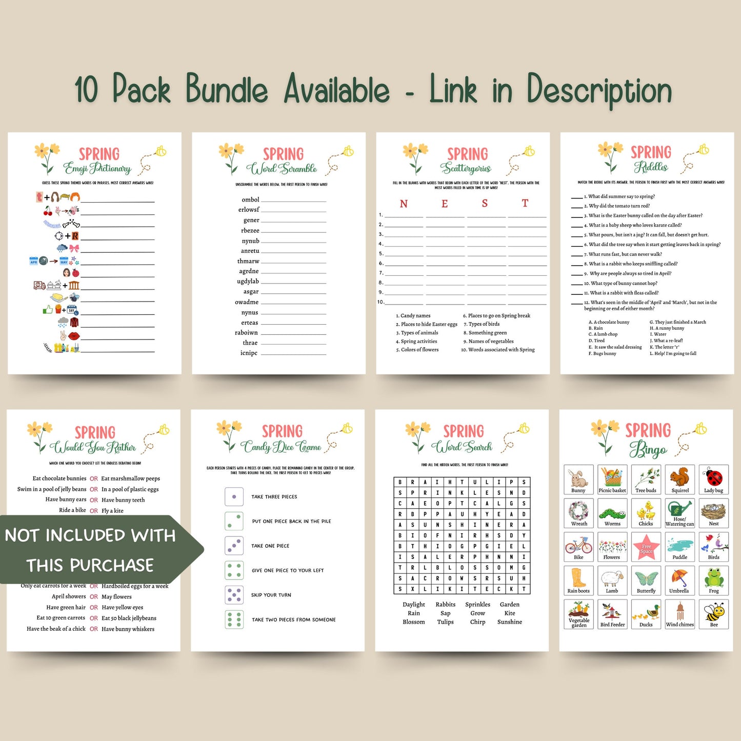 Spring Games Bundle Printable, Spring Activities Adults & Kids, Spring Party Games, Fun Family Group Game, Classroom Game, Springtime Trivia