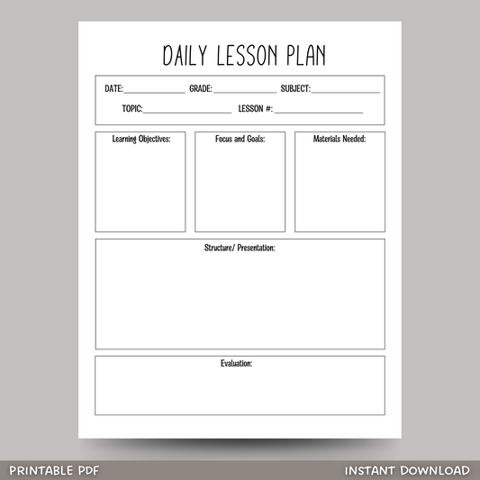 Daily Lesson Plan Template Printable, Simple Minimalist Lesson Planner