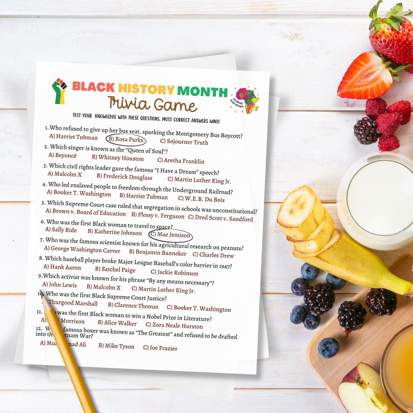 Black History Month Games Printable, African American Historical Celebration Trivia Quiz Party Activity