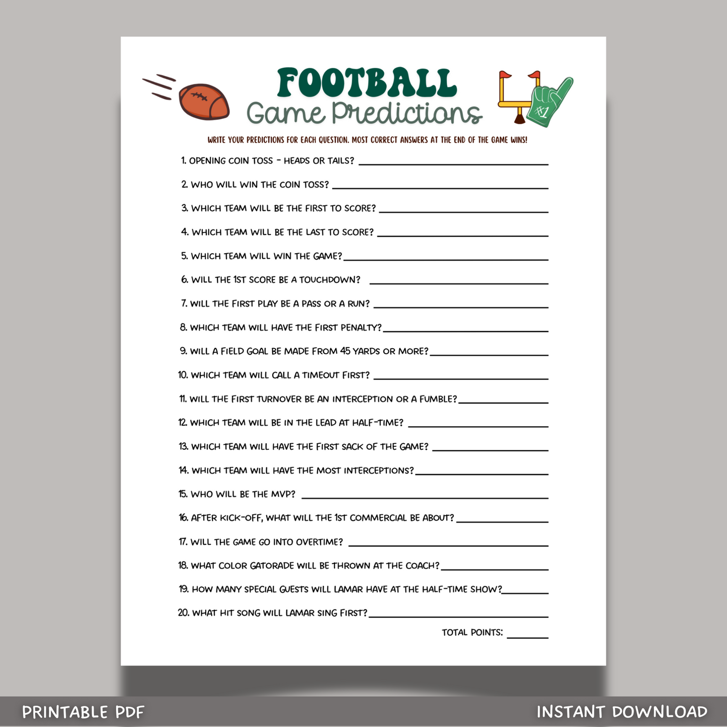 2025 Super Bowl Sunday Predictions 59 Game Printable, Football Party Tailgate Activity, Fantasy Football for Adults Kids Watch Party Betting Pool