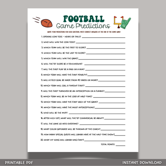 2025 Super Bowl Sunday Predictions 59 Game Printable, Football Party Tailgate Activity, Fantasy Football for Adults Kids Watch Party Betting Pool