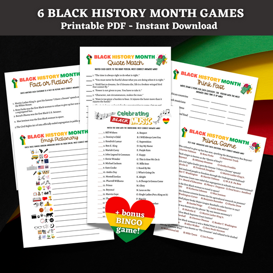 Black History Month Games Printable, Historical African American Celebration Trivia Party Activity Classroom Education