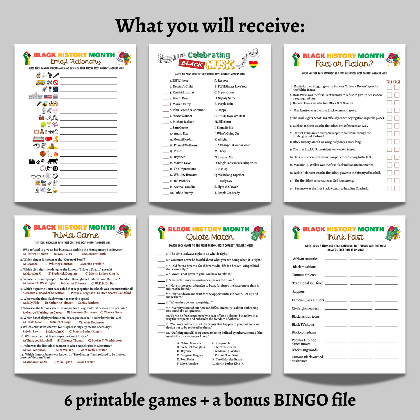 Black History Month Games Printable, Historical African American Celebration Trivia Party Activity Classroom Education