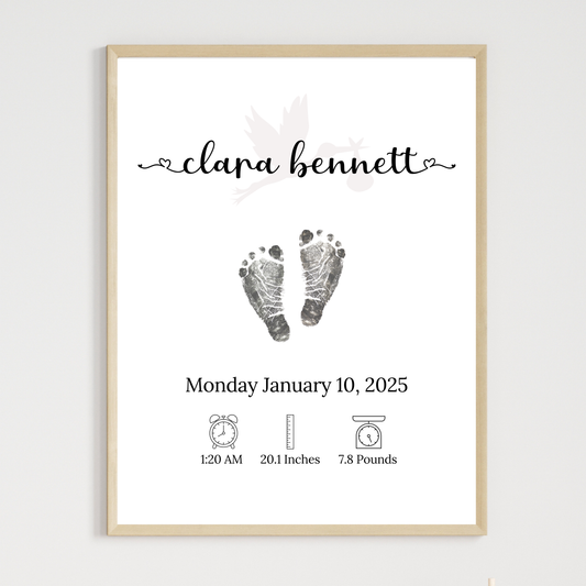 Personalized Baby Birth Announcement Printable, Newborn Footprint DIY Nursery Wall Art