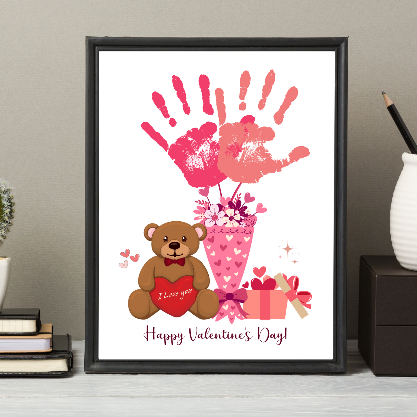 Valentines Day Handprint Holiday Crafts Printable DIY Bouquet Art for Kids Baby Toddler Child Activity Preschool Homeschool Keepsake