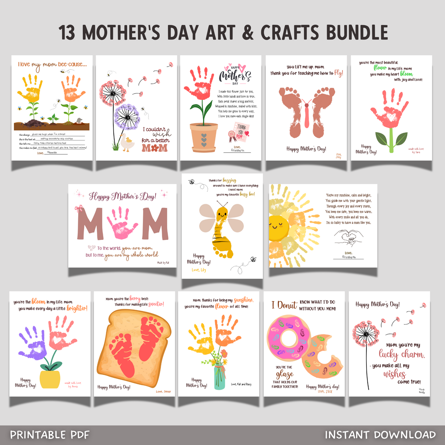 Mom Crafts for Kids Printable, Mothers Day DIY Handprint Footprint Hand Feet Art Activity Birthday Gift from Children Baby Toddler Wall Decor