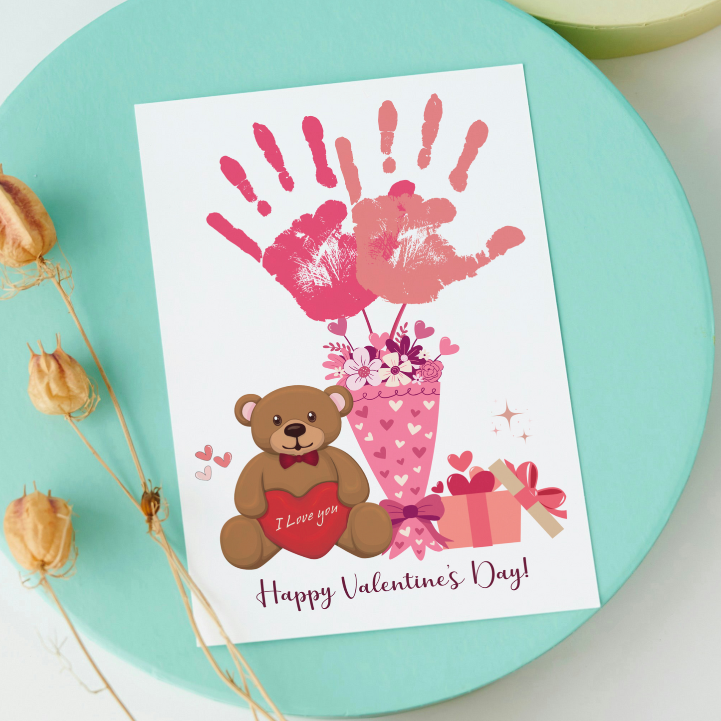 Valentines Day Handprint Holiday Crafts Printable DIY Bouquet Art for Kids Baby Toddler Child Activity Preschool Homeschool Keepsake