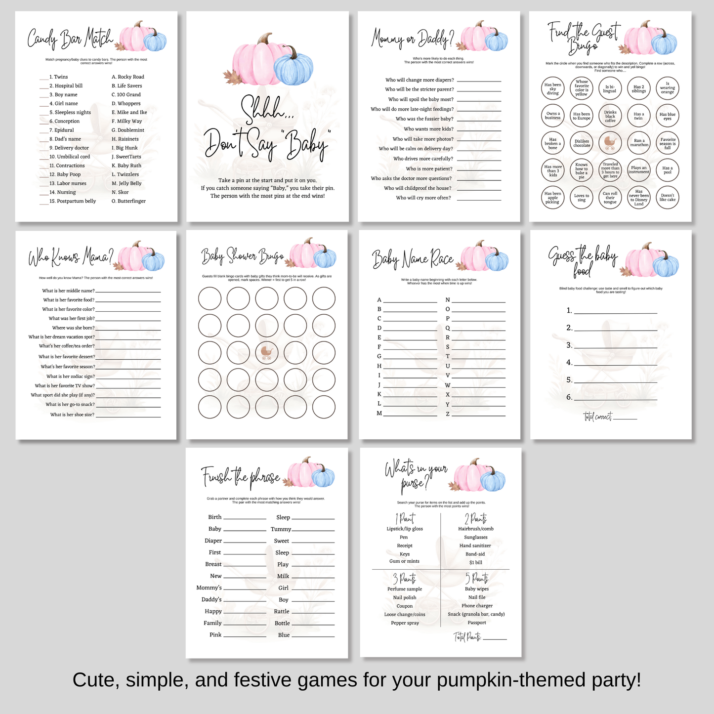 Pumpkin Baby Shower Games Fall Party Printable