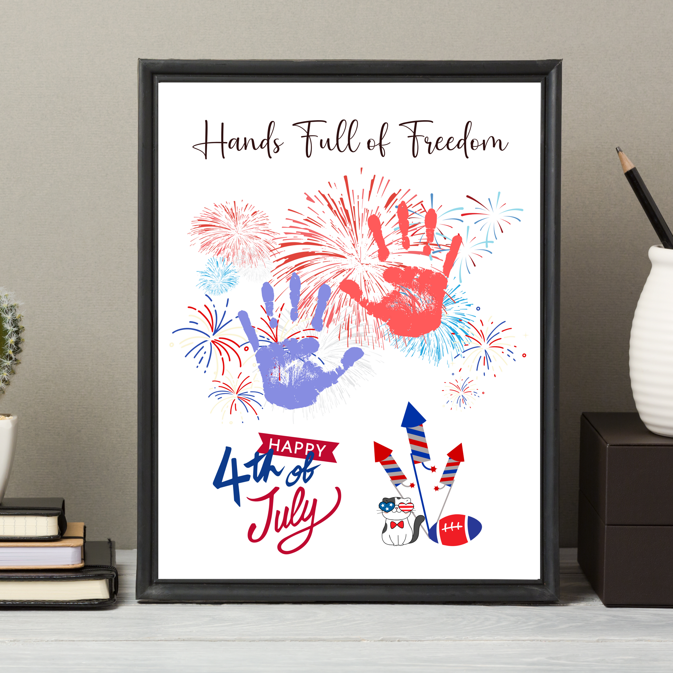 Firework July Hand Lettering 4th of July Fireworks Handprint Art Printable, DIY Craft Activity for ...