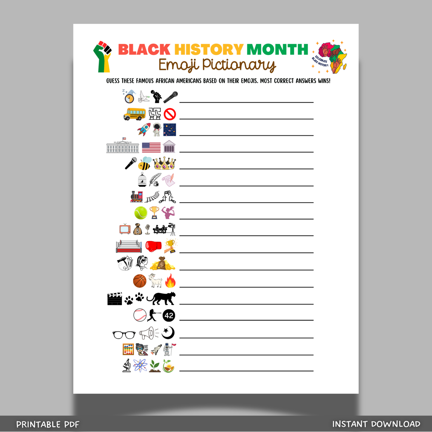 Black History Month Emoji Pictionary Game Printable, Historical African American Celebration Party Activity for Adults & Kids