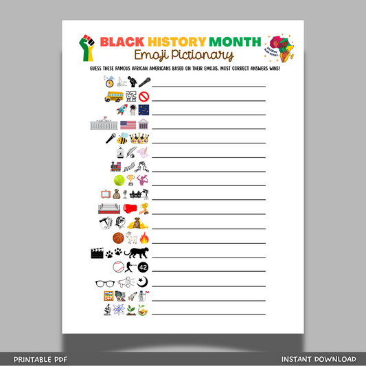 Black History Month Emoji Pictionary Game Printable, Historical African American Celebration Party Activity for Adults & Kids