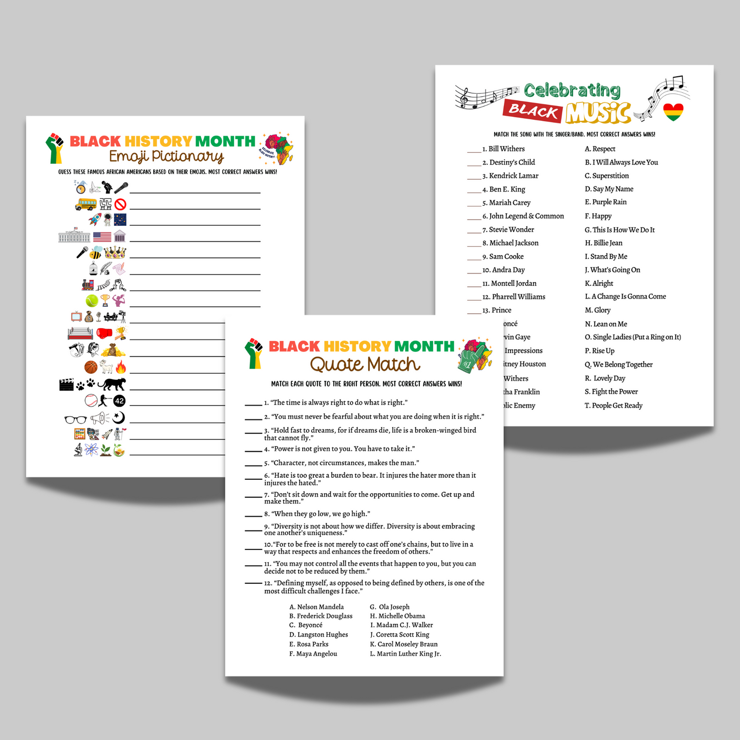 Black History Month Games Printable, Historical African American Celebration Trivia Party Activity Classroom Education