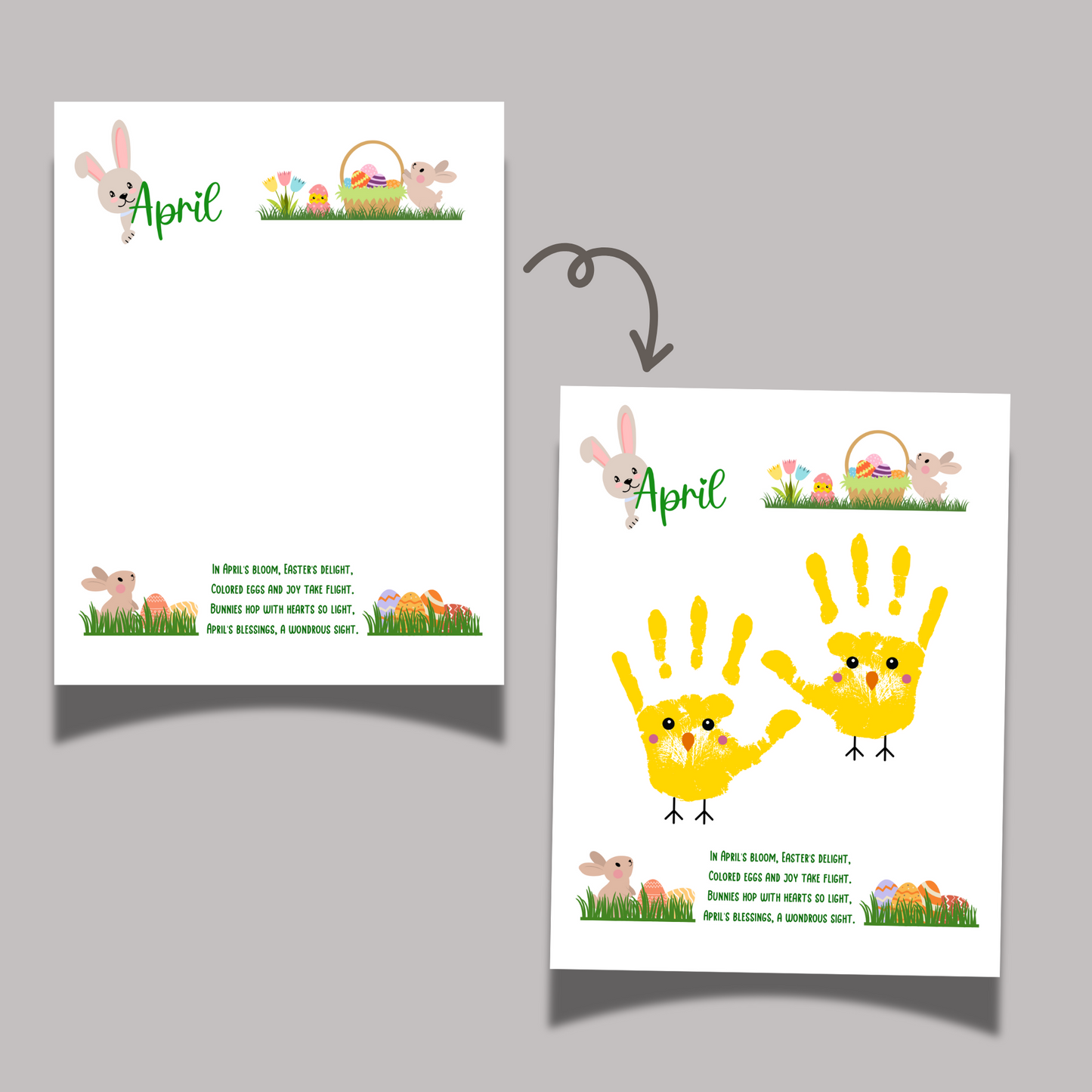 April Handprint Footprint Crafts Printable, DIY Art Kids Preschool Activity, DIY Easter Monthly Keepsakes for Baby Toddler PreK Kindergarten