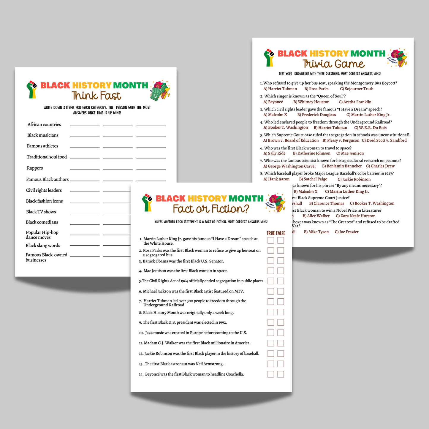 Black History Month Games Printable, Historical African American Celebration Trivia Party Activity Classroom Education