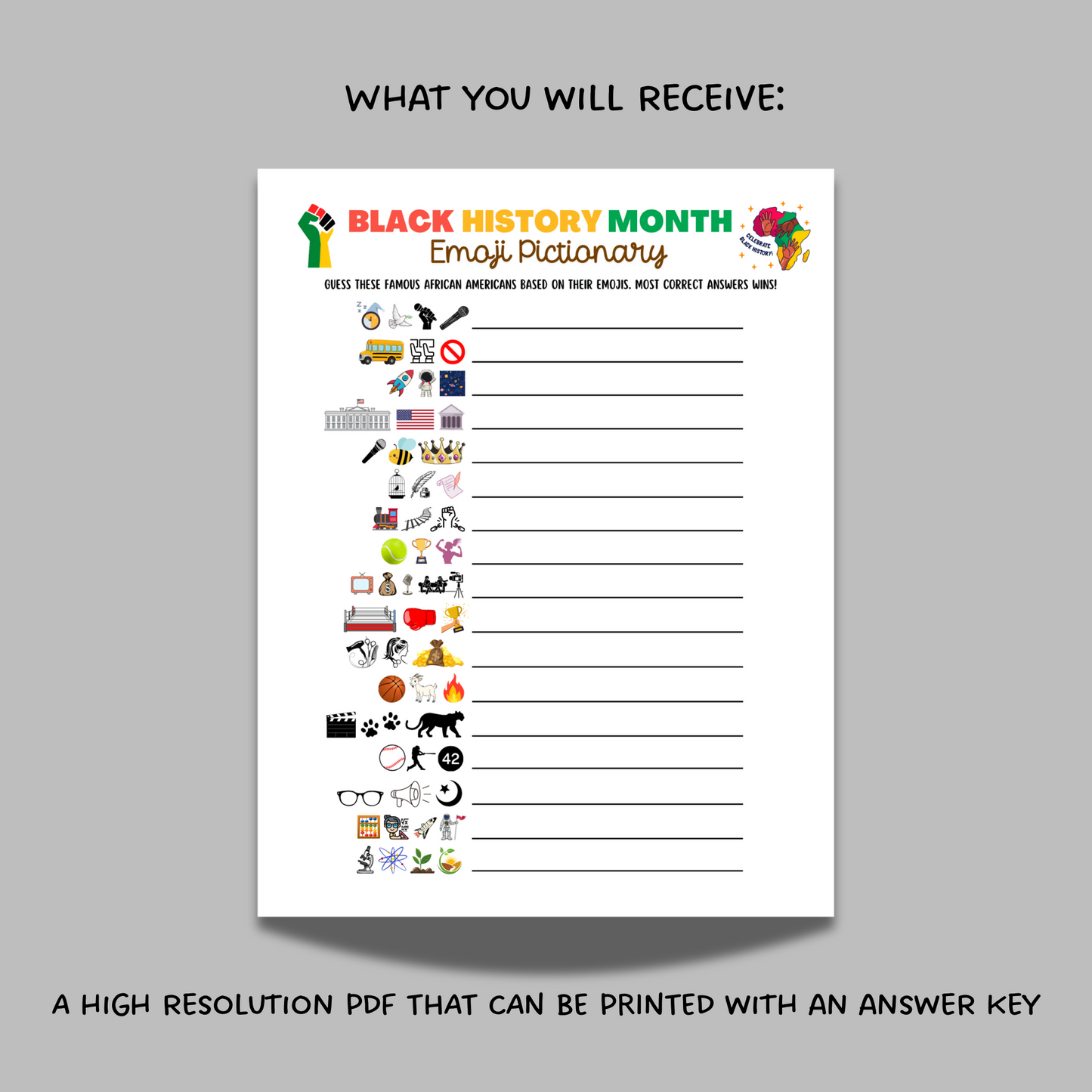 Black History Month Emoji Pictionary Game Printable, Historical African American Celebration Party Activity for Adults & Kids