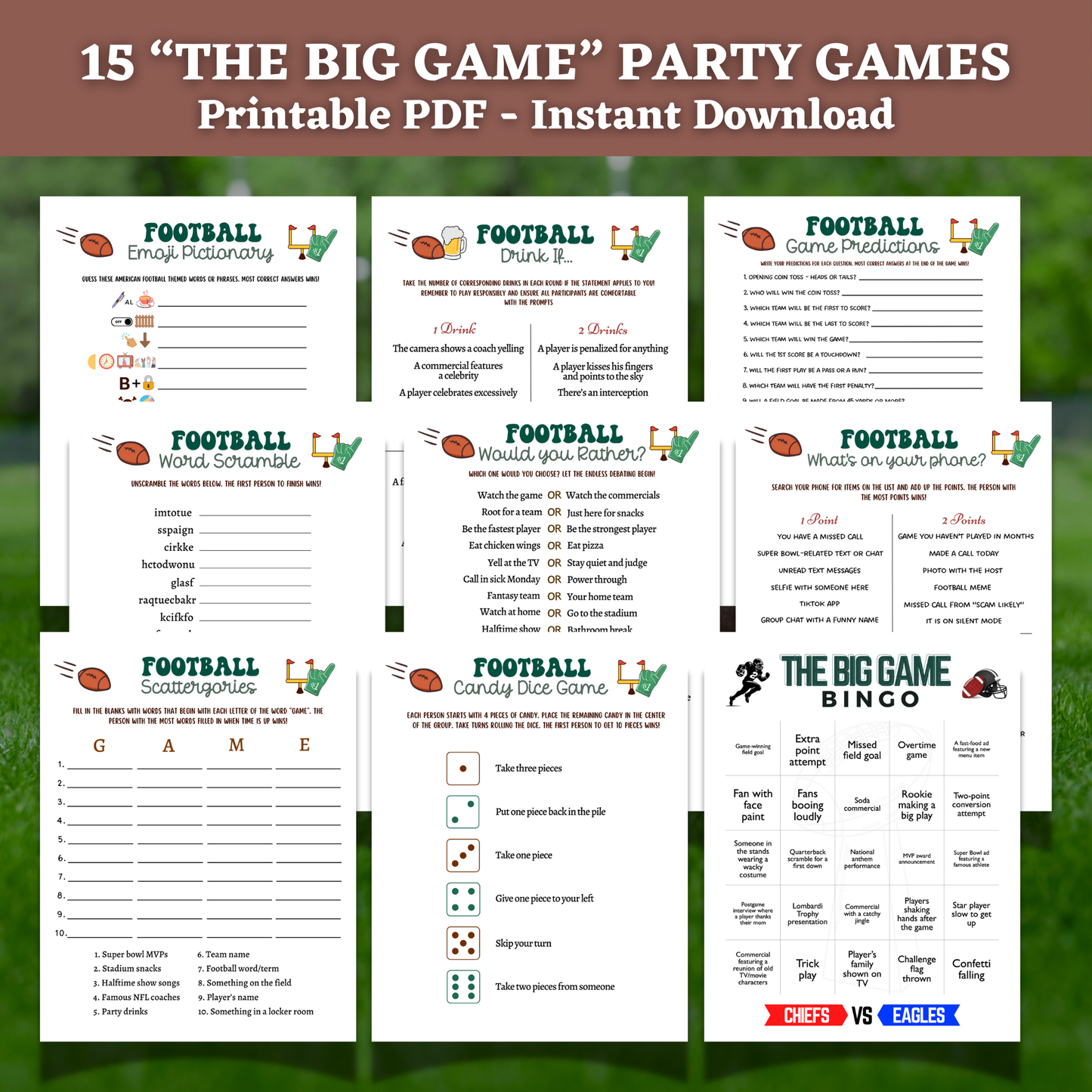 Football Party Games, 2025 The Big Game Super Sunday Activity for Kids & Adults, Tailgate Family Group Fantasy Activities Digital Download