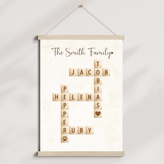 Custom Family Name Sign Printable, Personalized Crossword Scrabble Letter Tile Art