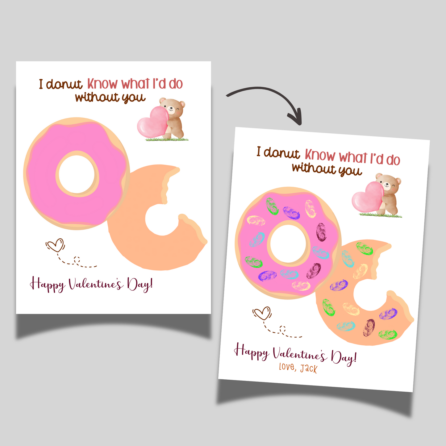 Valentines Fingerprint Holiday Crafts Printable, DIY Donut Art for Kids Baby Toddler Activity Keepsake