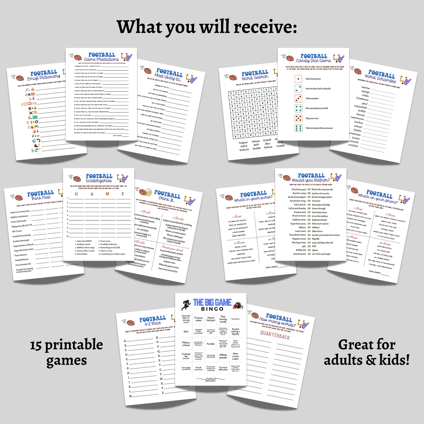 2026 football party games printable bundle – scribbled llc