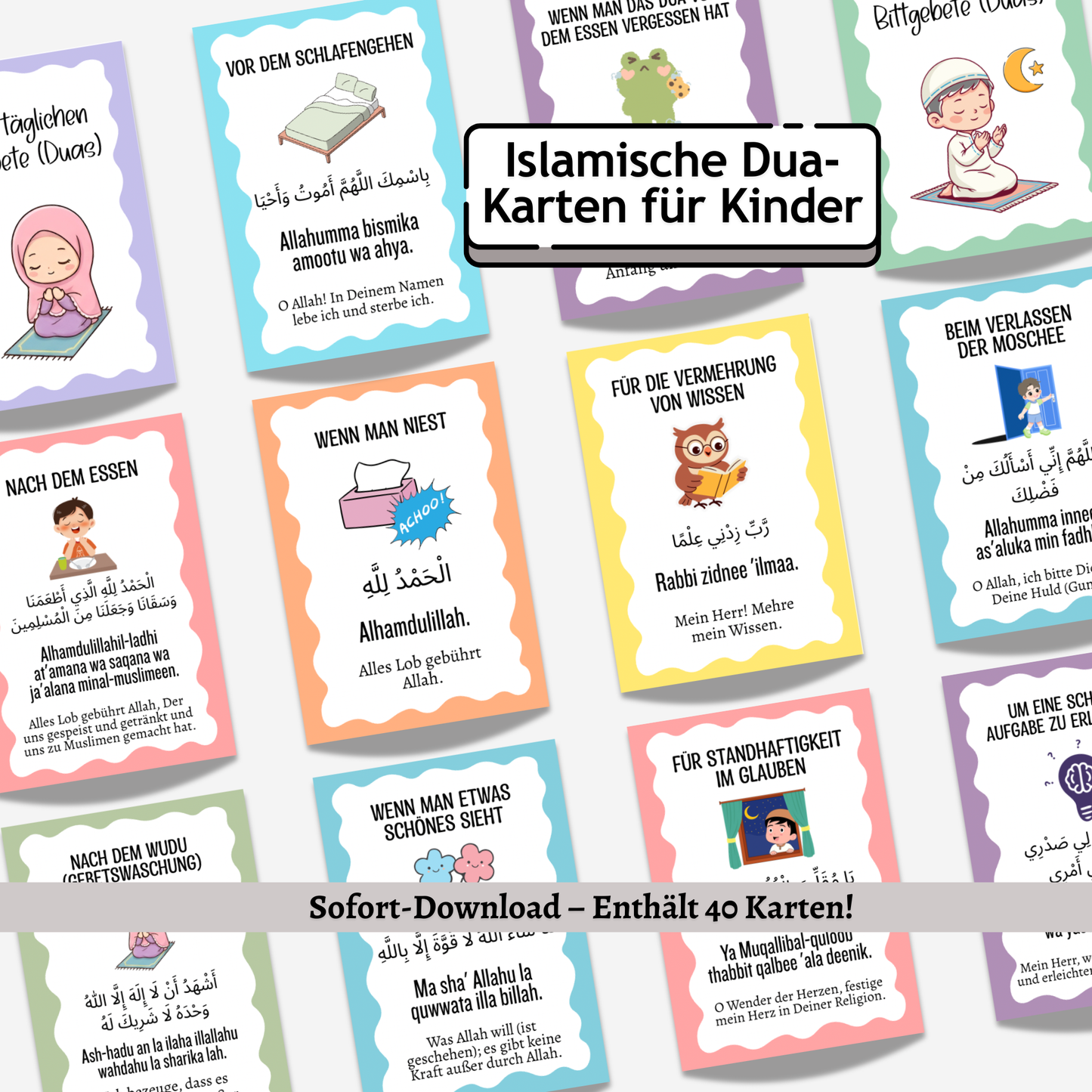 Islamische Dua Karten Kinder PDF, 40 Tägliche Duas Arabisch Deutsch