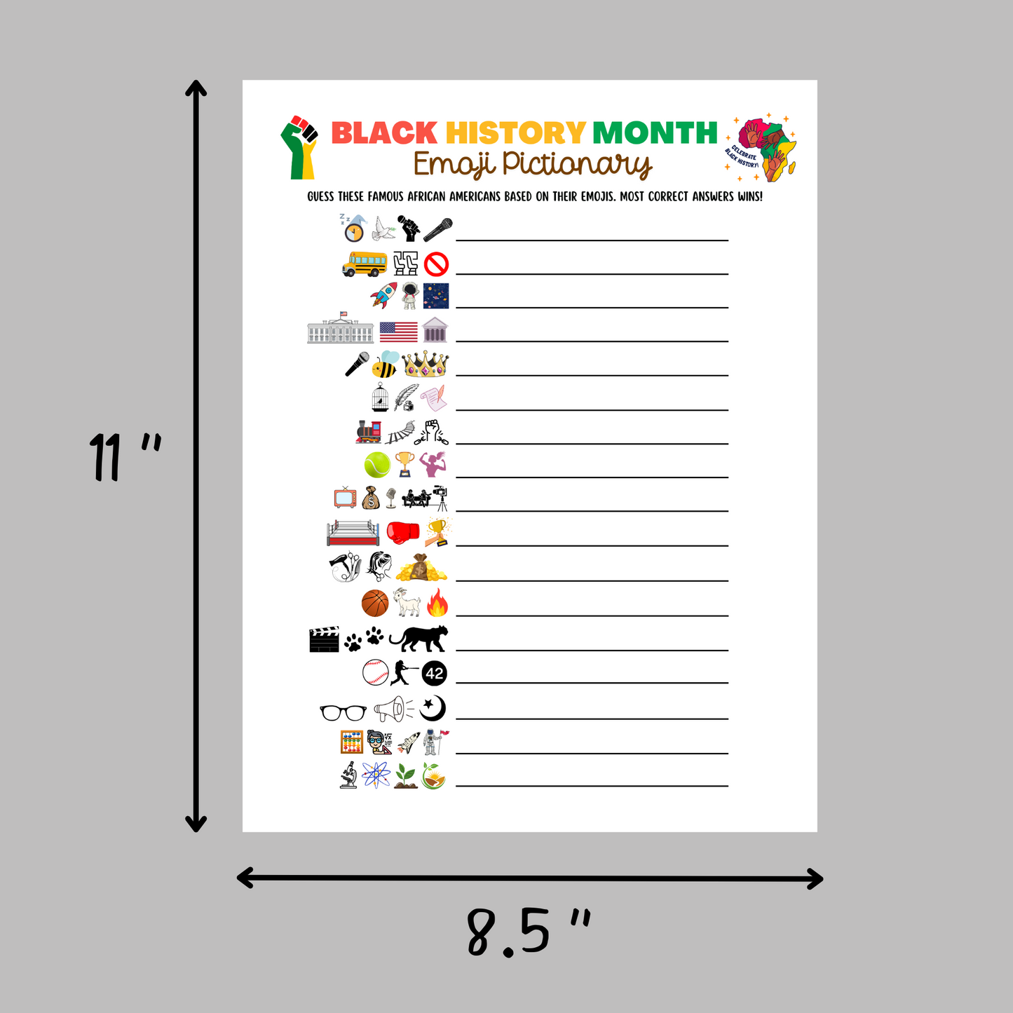 Black History Month Emoji Pictionary Game Printable, Historical African American Celebration Party Activity for Adults & Kids