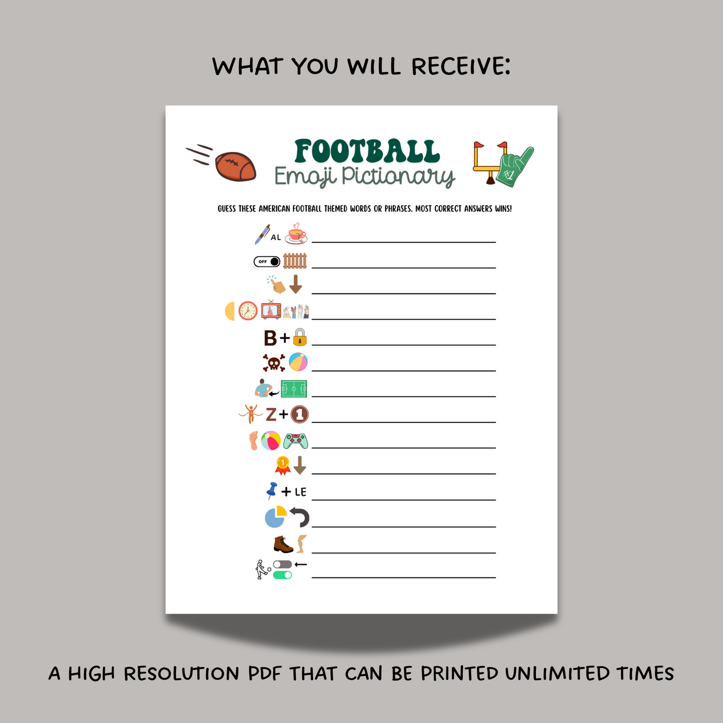 2025 Football Emoji Pictionary Game Printable, Super Bowl Sunday Party Game Tailgate Activity, Fantasy Football