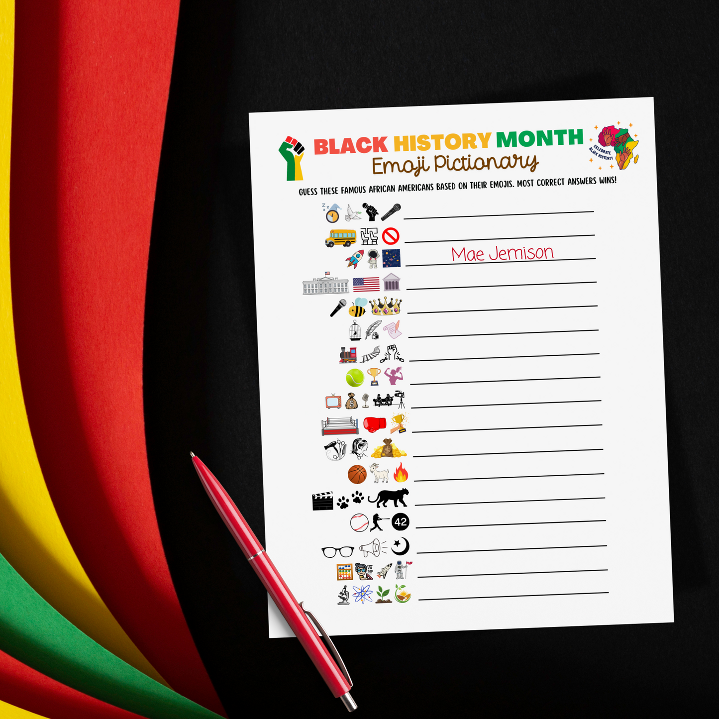 Black History Month Emoji Pictionary Game Printable, Historical African American Celebration Party Activity for Adults & Kids